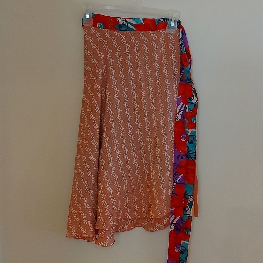 Stylish Reversible Blue Pink White Floral Orange Wrap Midi Skirt